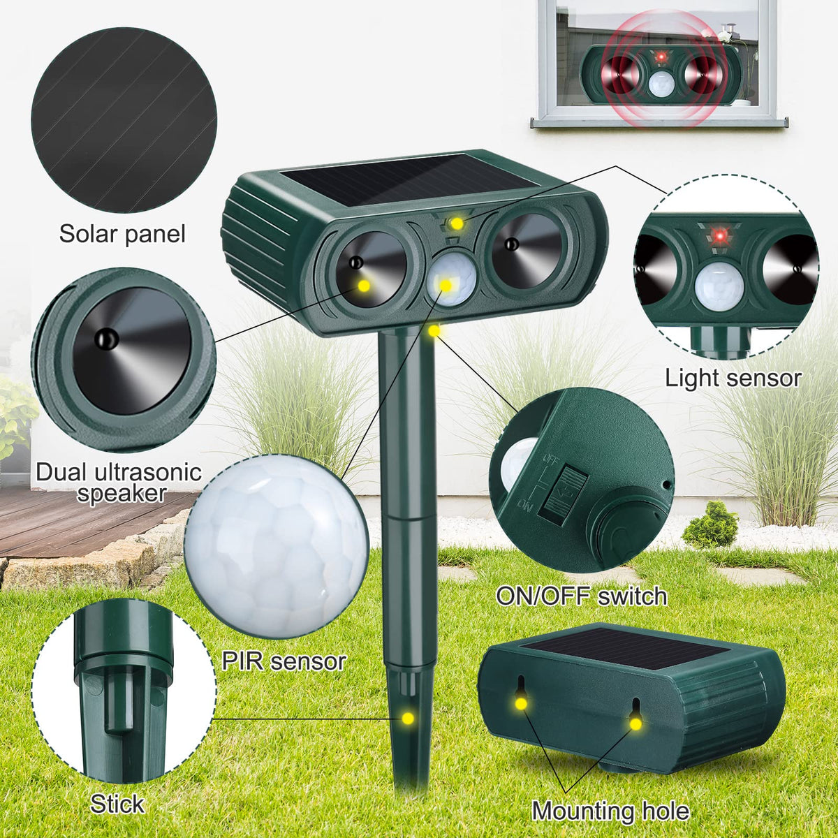 Kittmip solar animal repeller ground installation demonstrating landscape setup