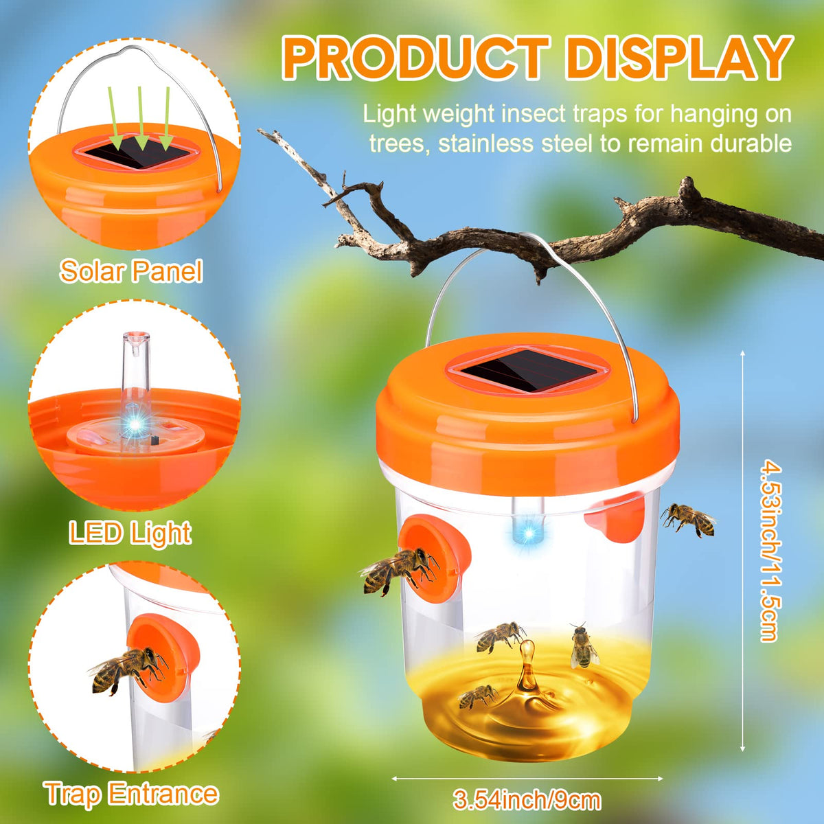 Kittmip green solar wasp trap attracts flying insects near patios.