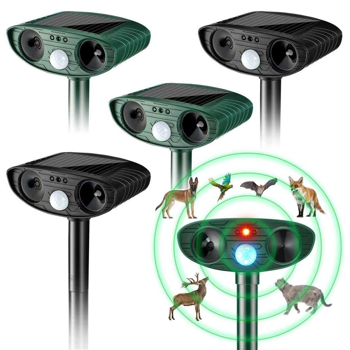 Kittmip Ultrasonic Animal Repeller outdoor setup with solar power deters cats and dogs.