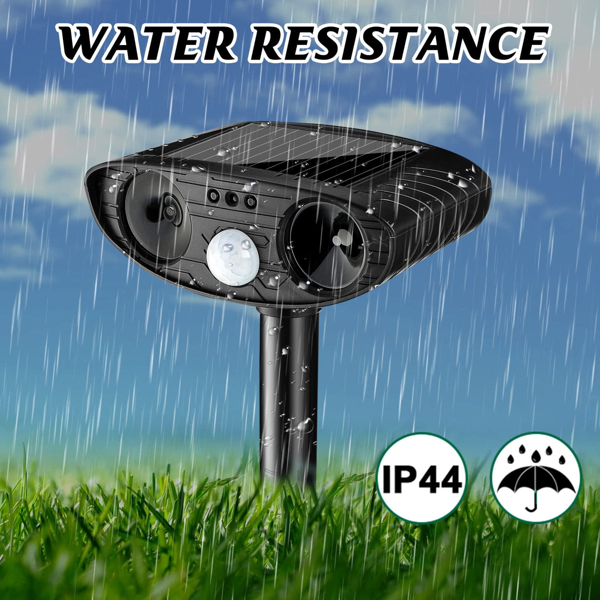 Kittmip Weatherproof Ultrasonic Repeller stands up to rain and sun outdoors.