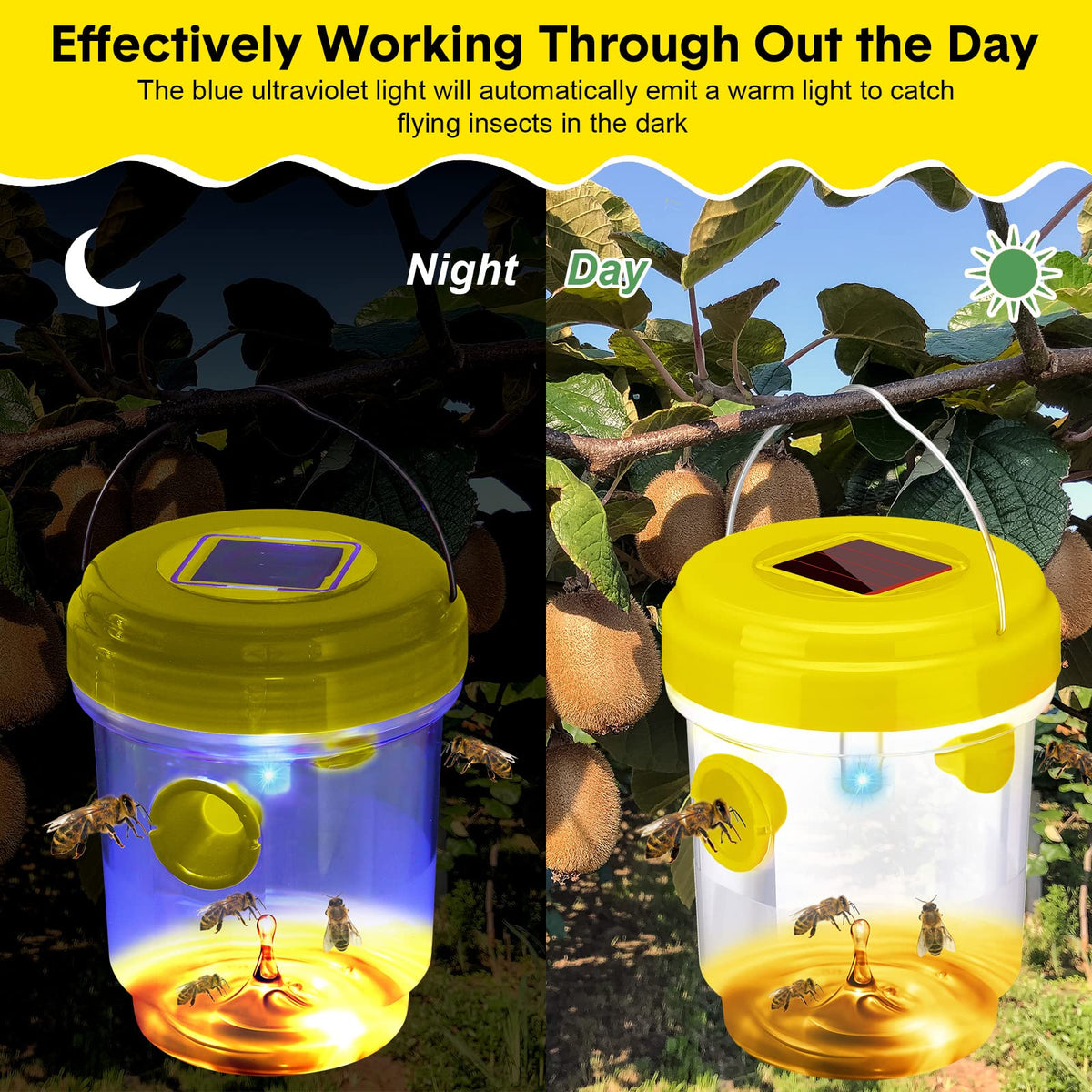 Kittmip Wasp Trap solar-powered UV light attracts at night.