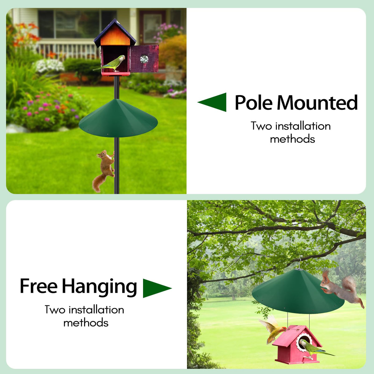 KITVONA green 24-inch baffle deters climbing squirrels effectively.