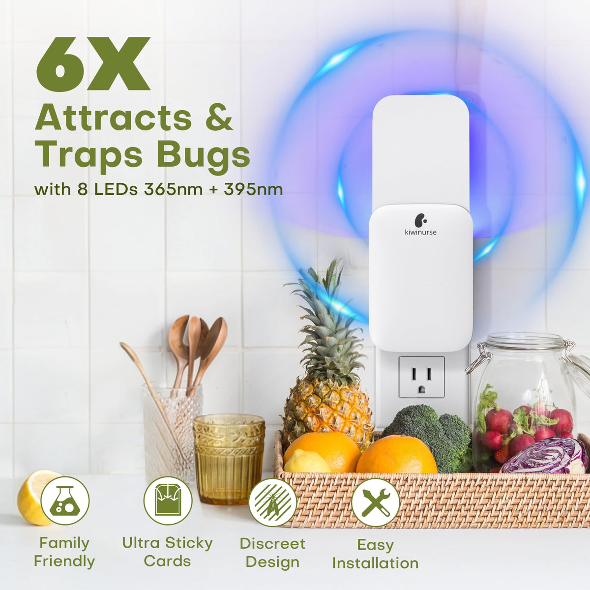 Kiwinurse plug-in fly catcher shown in outlet for discreet pest control at home.