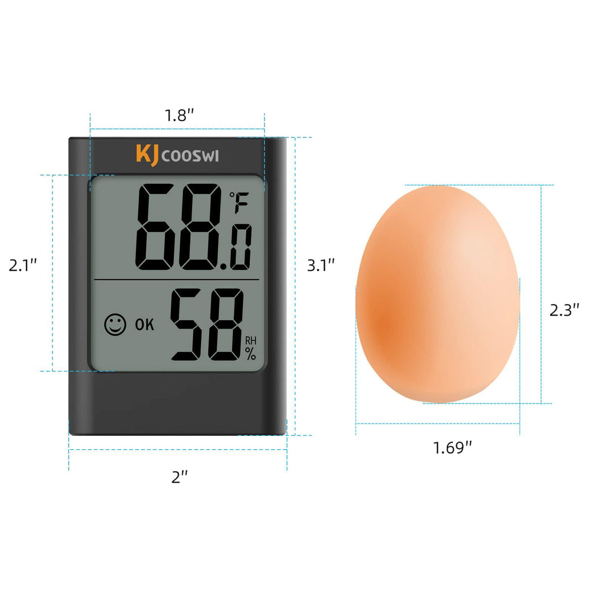 KJCOOSWI digital hygrometer display shows accurate temperature and humidity readings.
