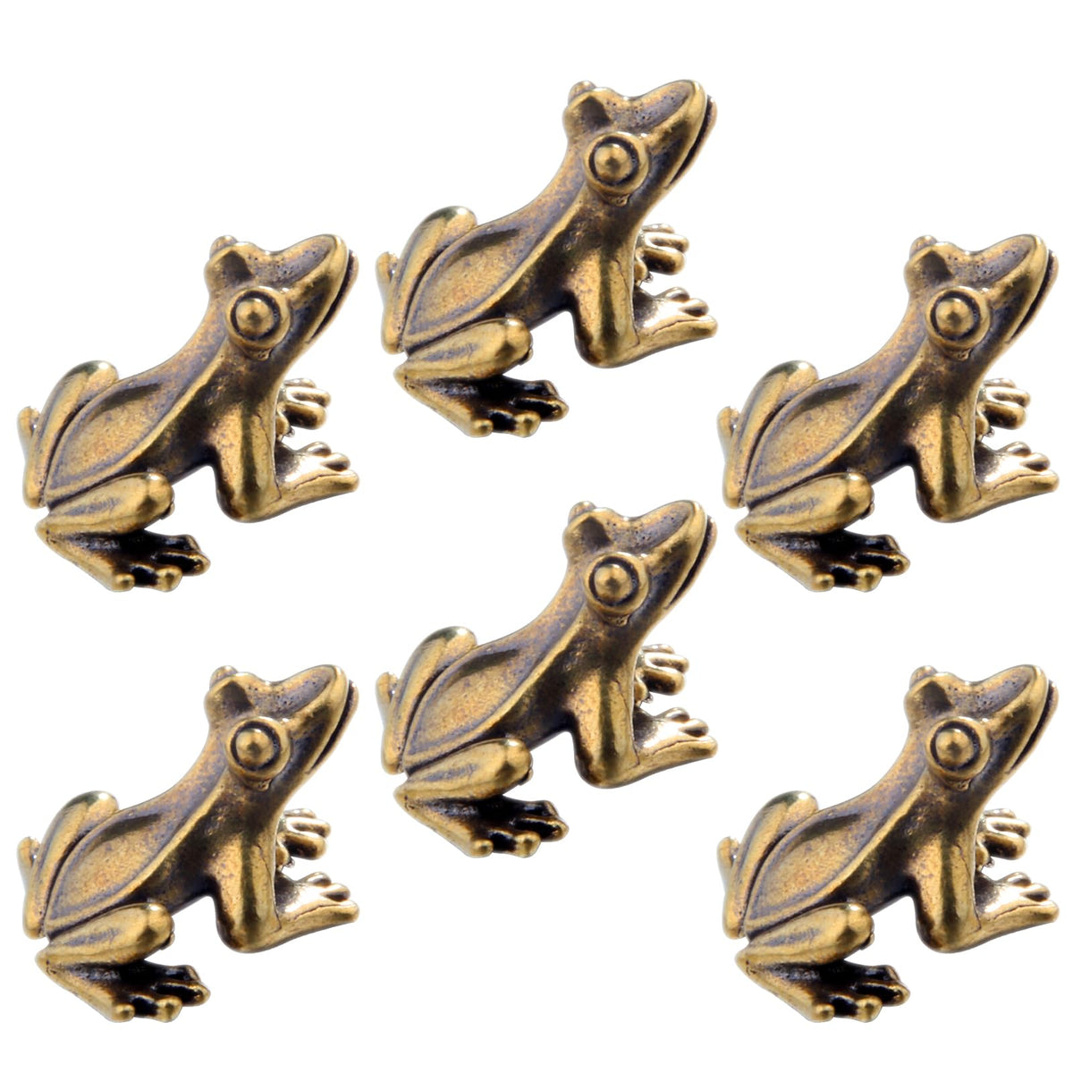 KKBES gold brass frog figurine front view showing vintage patina for elegant shelf display.