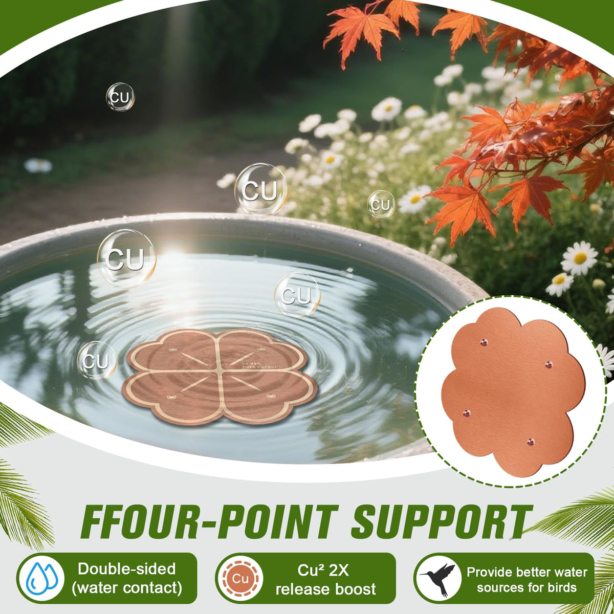 KKilicy bird bath copper disk promotes ion-based purification for cleaner water.