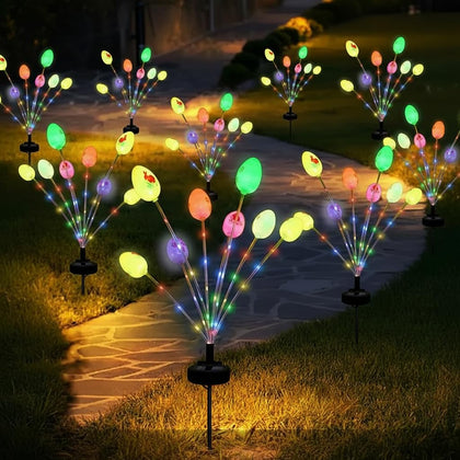KKZACONL solar Easter egg lights illuminate walkways with colorful bunny eggs.