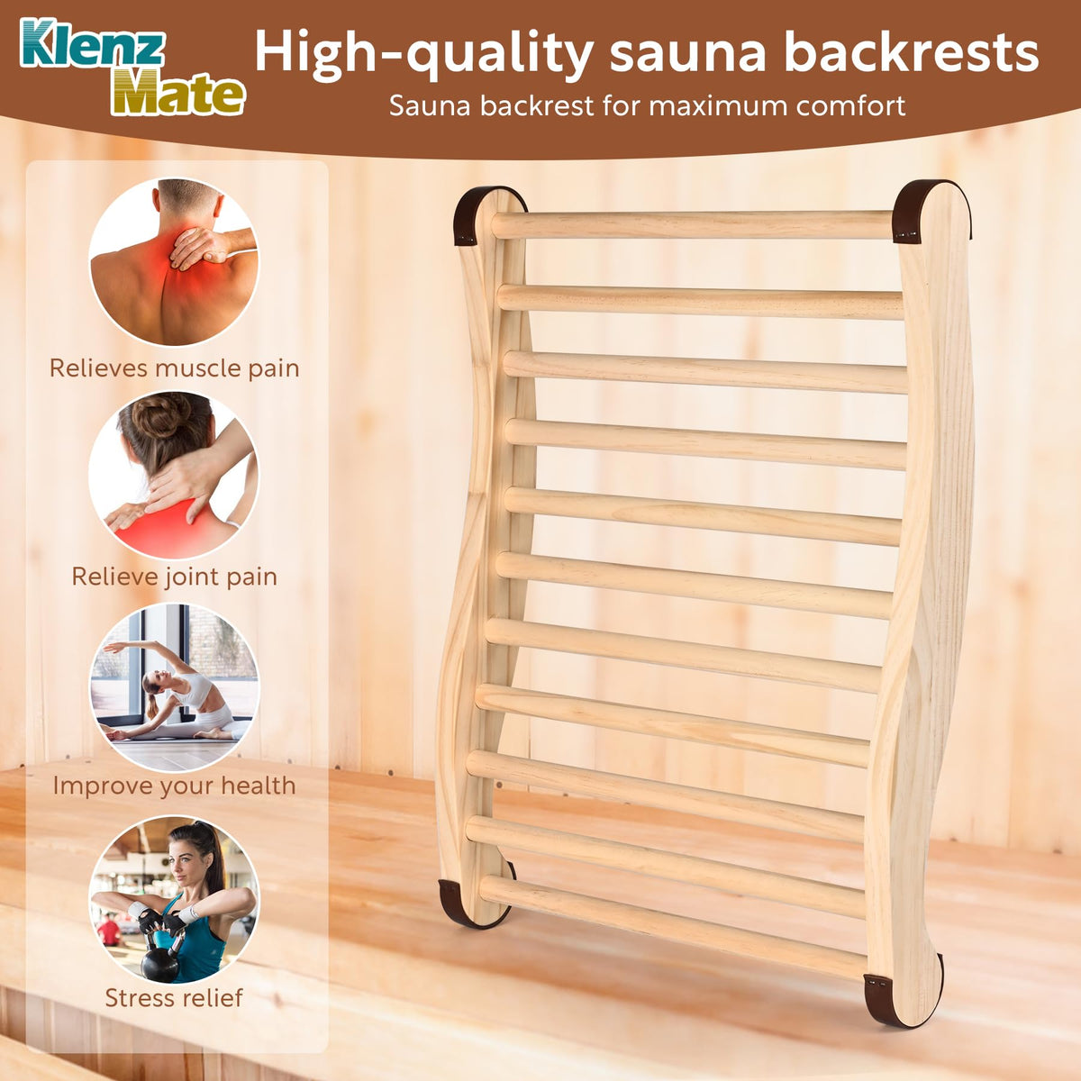 KlenzMate infrared sauna backrest maintains distance from heaters for safety