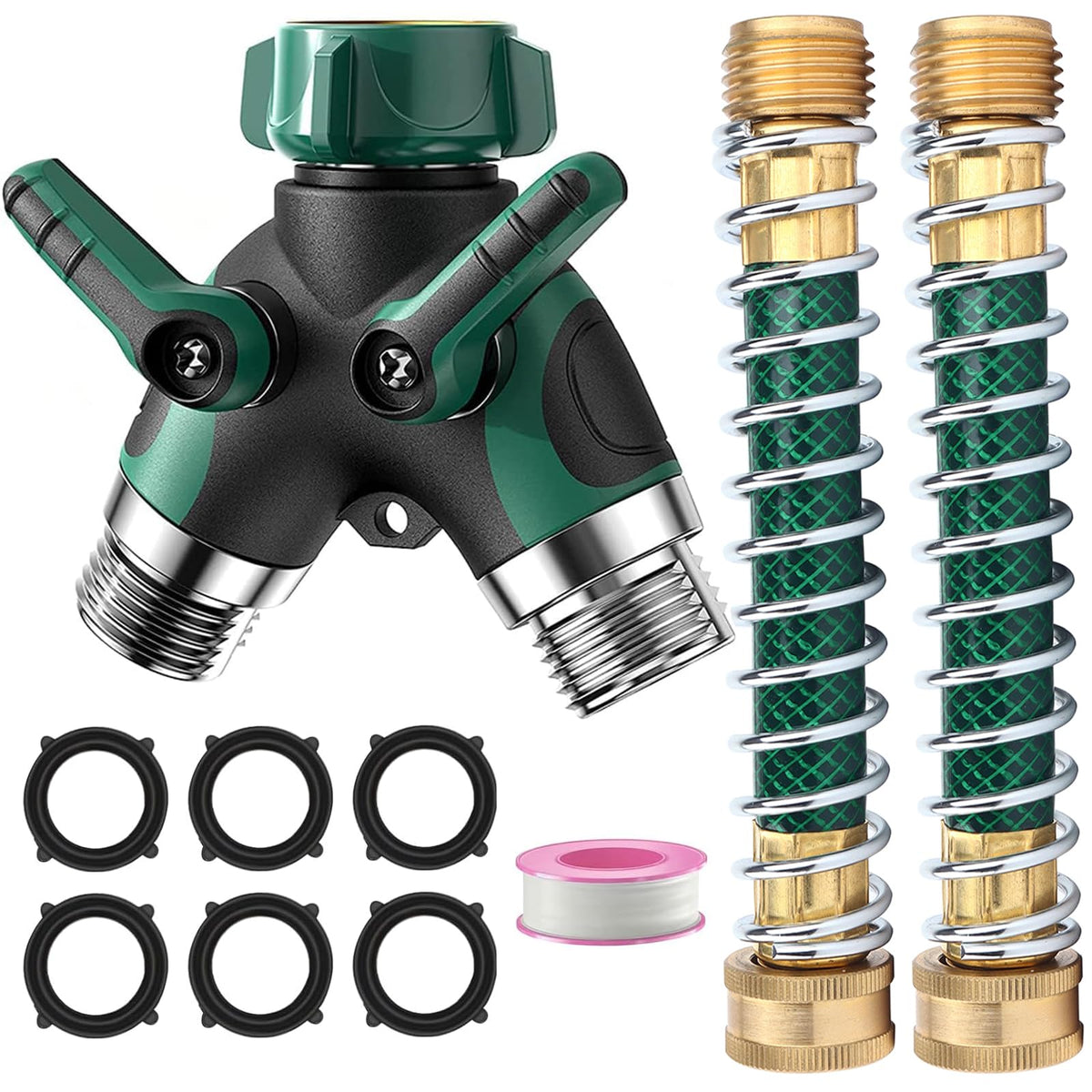 KLMNDUO garden hose splitter 2-way converts a single spigot into two outlets for efficient watering.