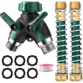 KLMNDUO garden hose splitter 2-way converts a single spigot into two outlets for efficient watering.
