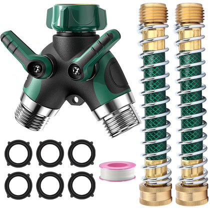 KLMNDUO garden hose splitter 2-way converts a single spigot into two outlets for efficient watering.