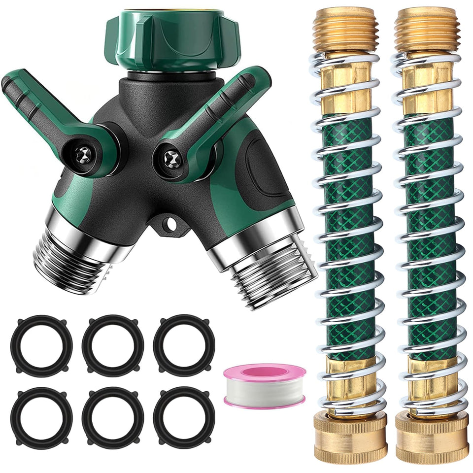 KLMNDUO garden hose splitter 2-way converts a single spigot into two outlets for efficient watering.