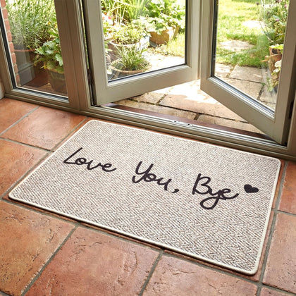 Klyyo Clyro Love You Bye door mat with ultra-thin profile for slim entryways