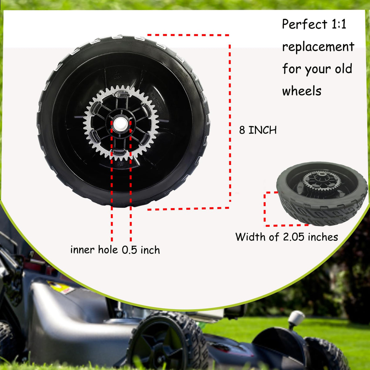 KMHGD 8-inch diameter wheel supports stable mowing and even traction.