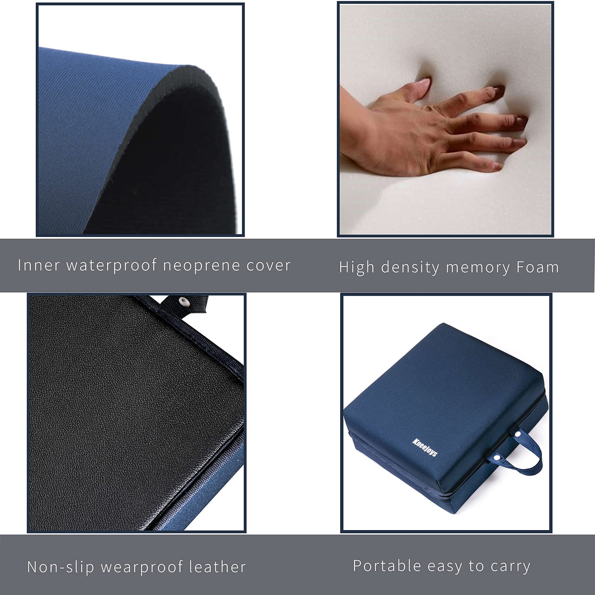 Kneejoys memory foam knee pad shows dual-layer comfort for kneeling tasks.