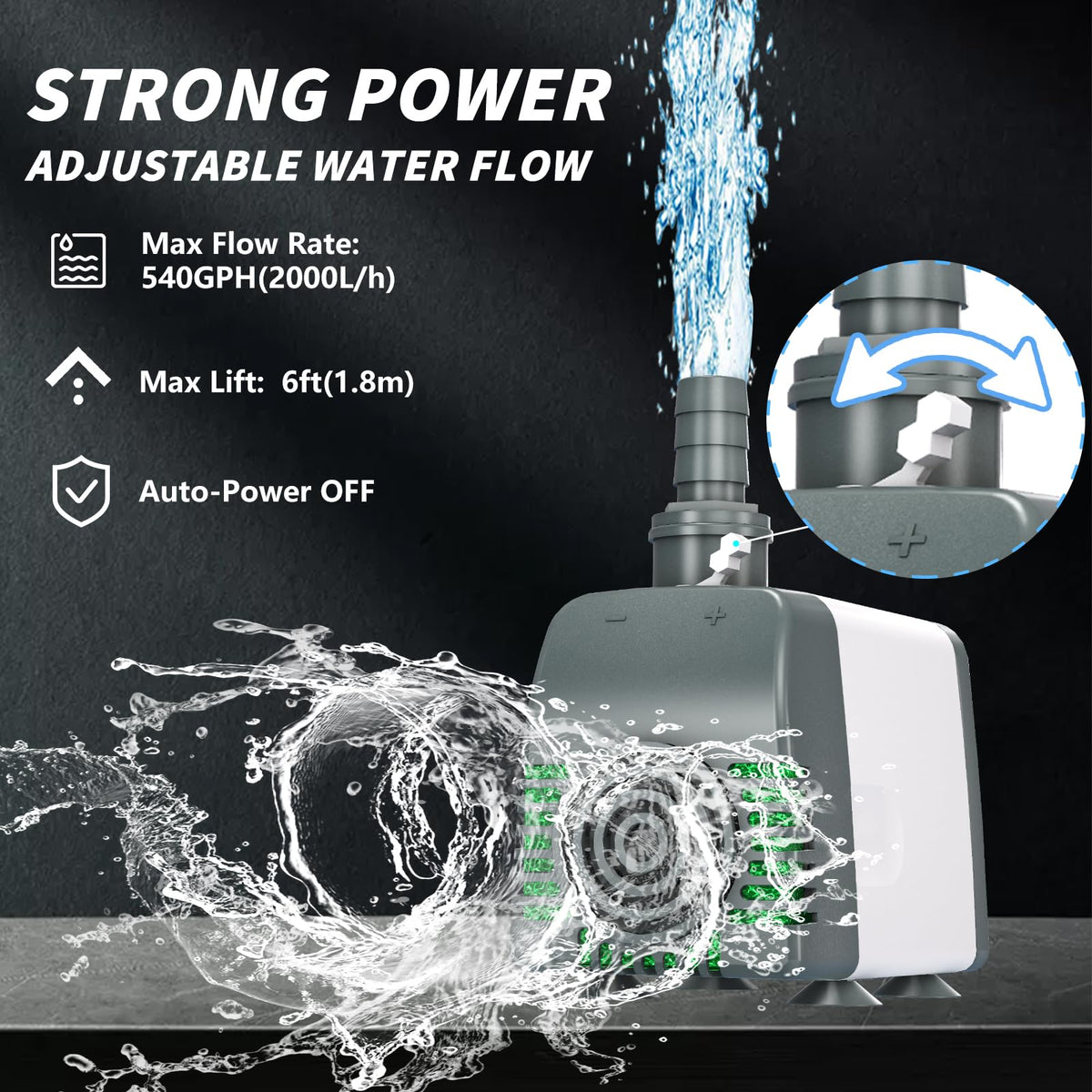 Knifel 540GPH pump in a fountain setup showing quiet operation.