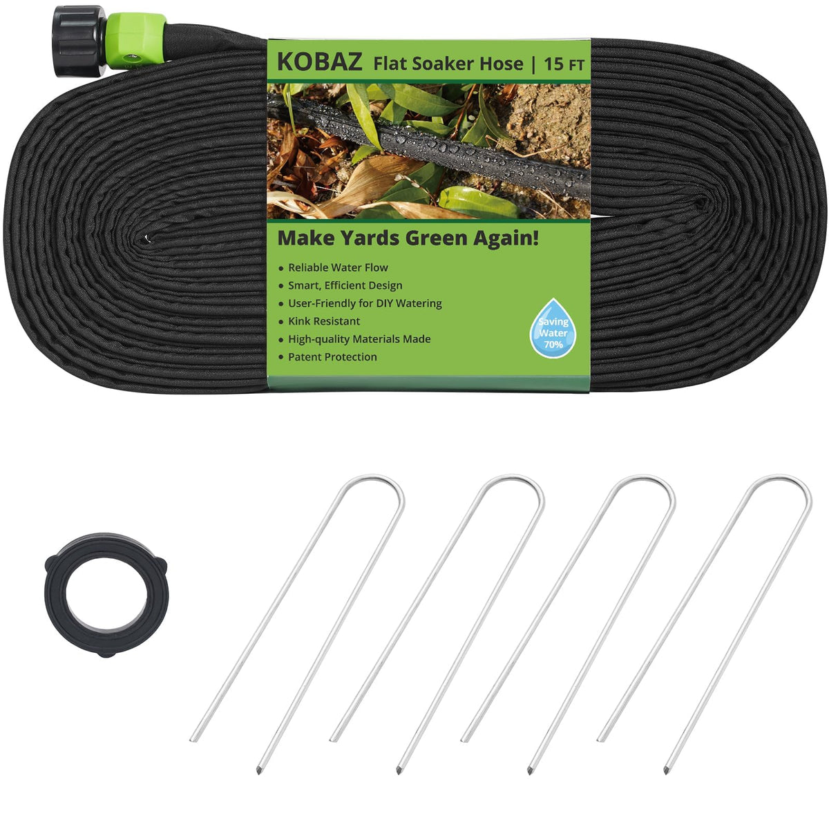 KOBAZ flat soaker hose 15ft uniform-watering delivers even moisture to garden beds.