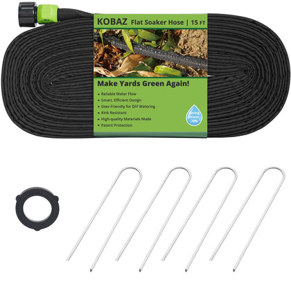 KOBAZ flat soaker hose 15ft uniform-watering delivers even moisture to garden beds.