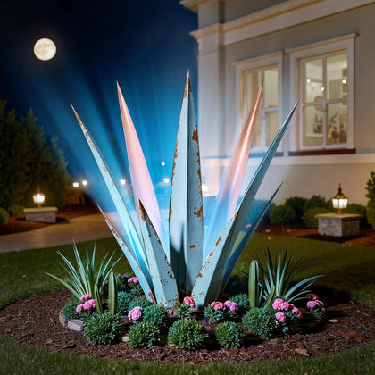 KODIBO large solar metal agave plant sculpture for outdoor decor, weatherproof and durable.