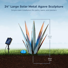 KODIBO vintage blue solar light agave sculpture brightening patios at night.