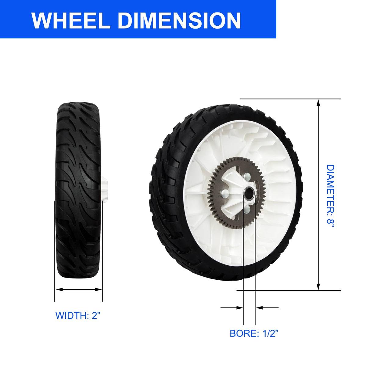KOFINAM rear drive wheel 8in side view shows rugged rubber tread for grip.