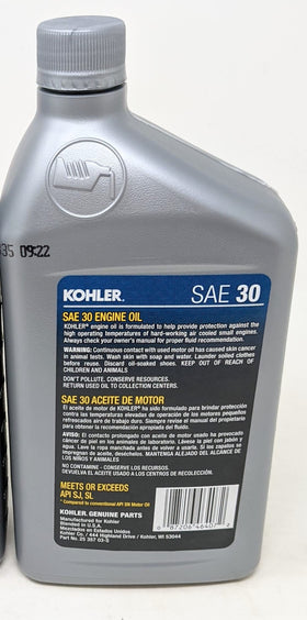 Kohler Oil 30W 1QT label closeup emphasizes Genuine OEM part.
