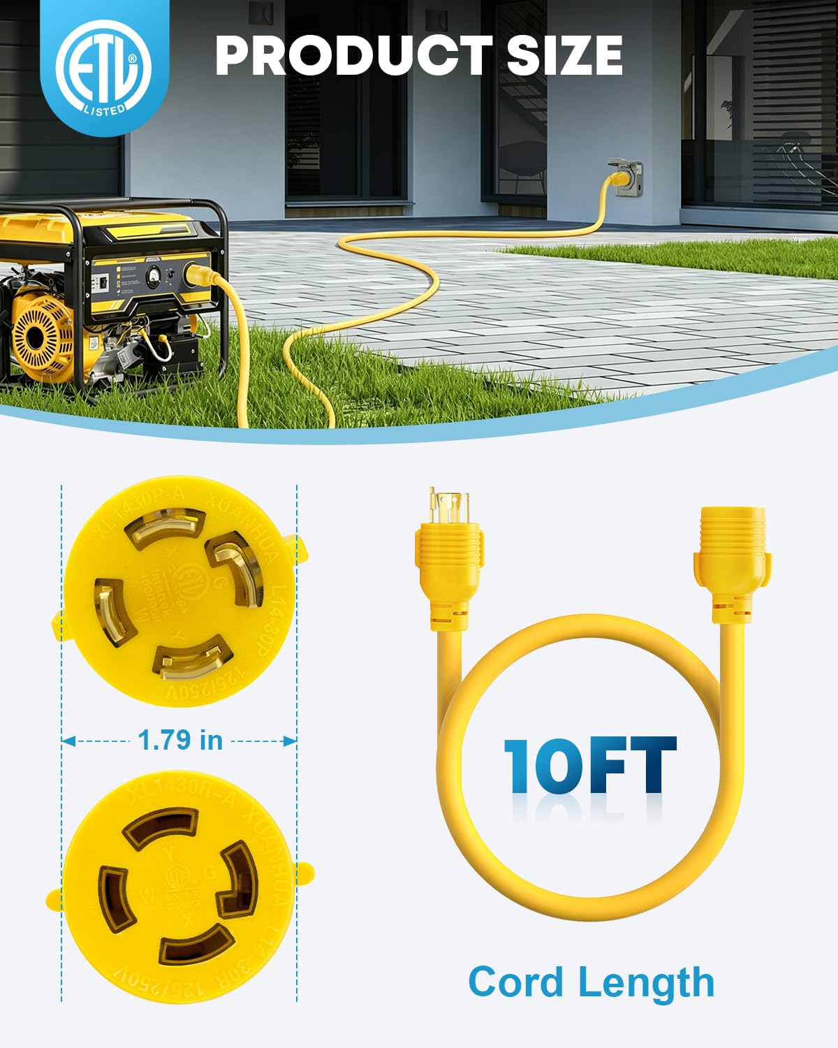 Kohree 10-gauge generator cord rated 125/250V for efficient performance.