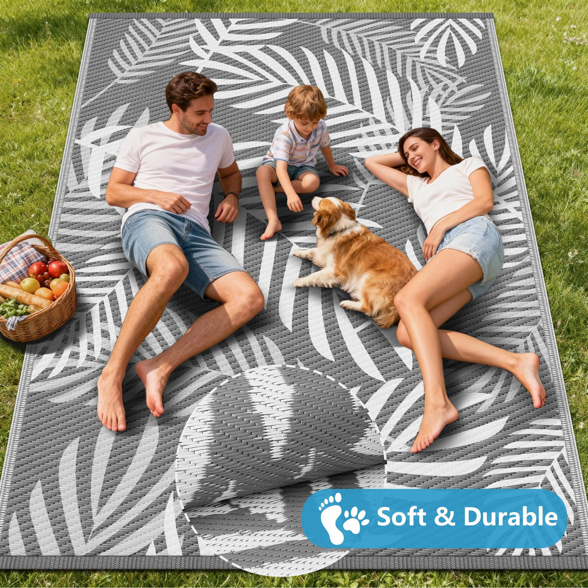 Kohree rug easy setup with corner loops and stakes for wind resistance.