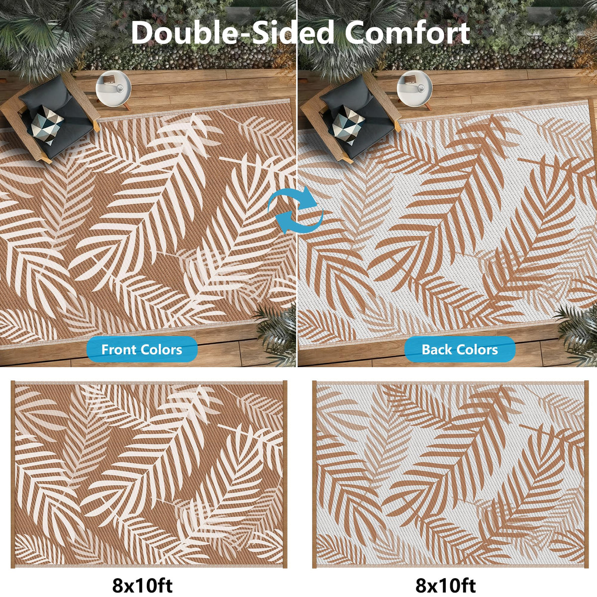 Kohree leaf-pattern reversible rug offering two looks for outdoor spaces