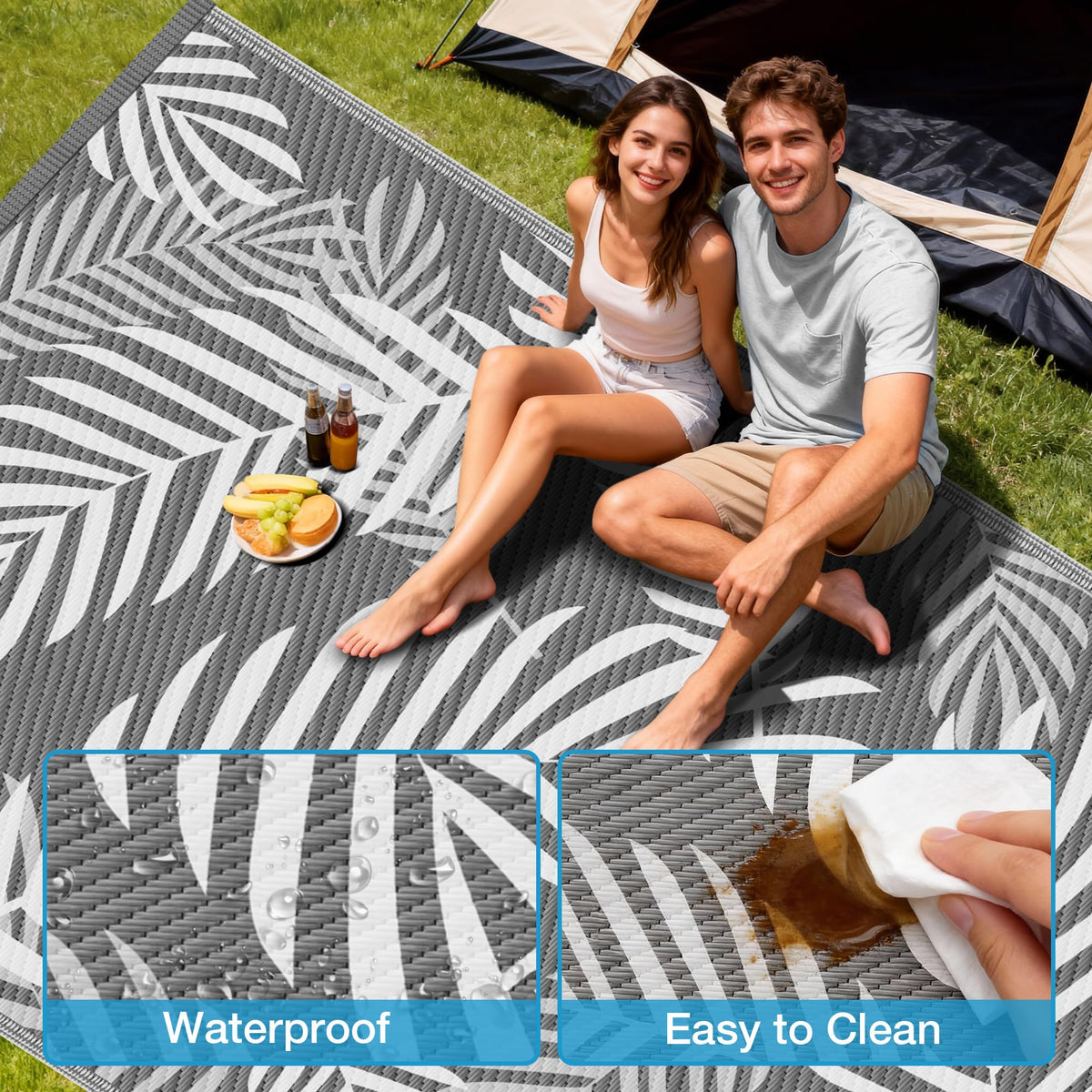 Kohree palm leaf rug enhances outdoor spaces with natural style.