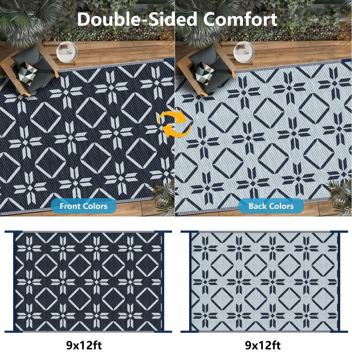 Kohree Outdoor Rug reversible blue offering two looks for outdoor spaces.