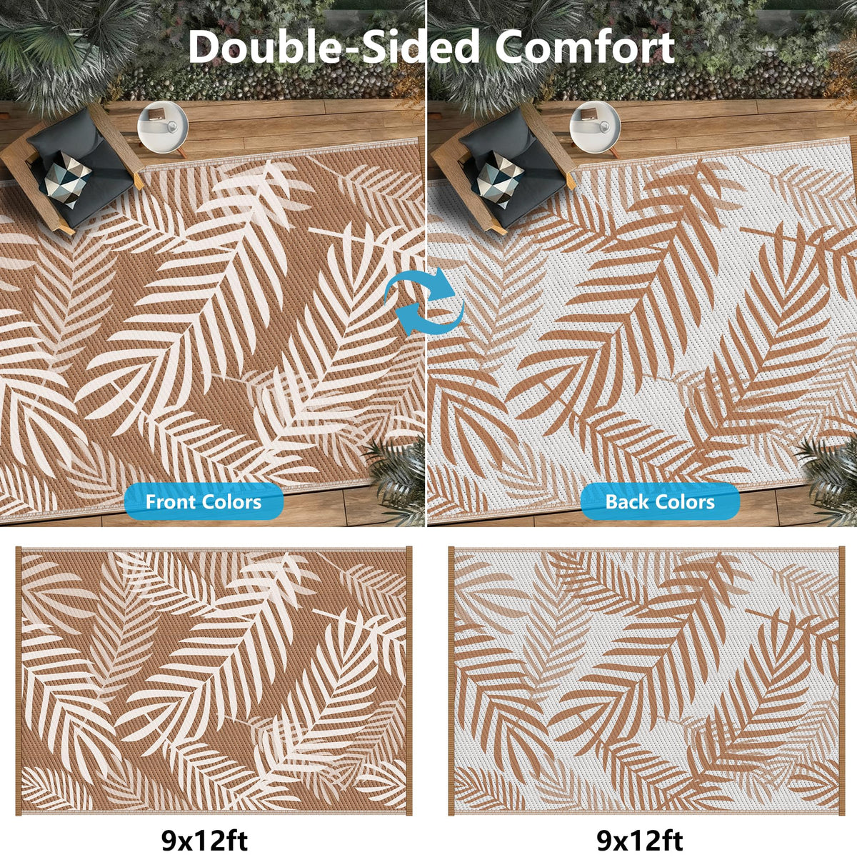 Kohree reversible palm leaf pattern rug offers two looks for outdoor decor