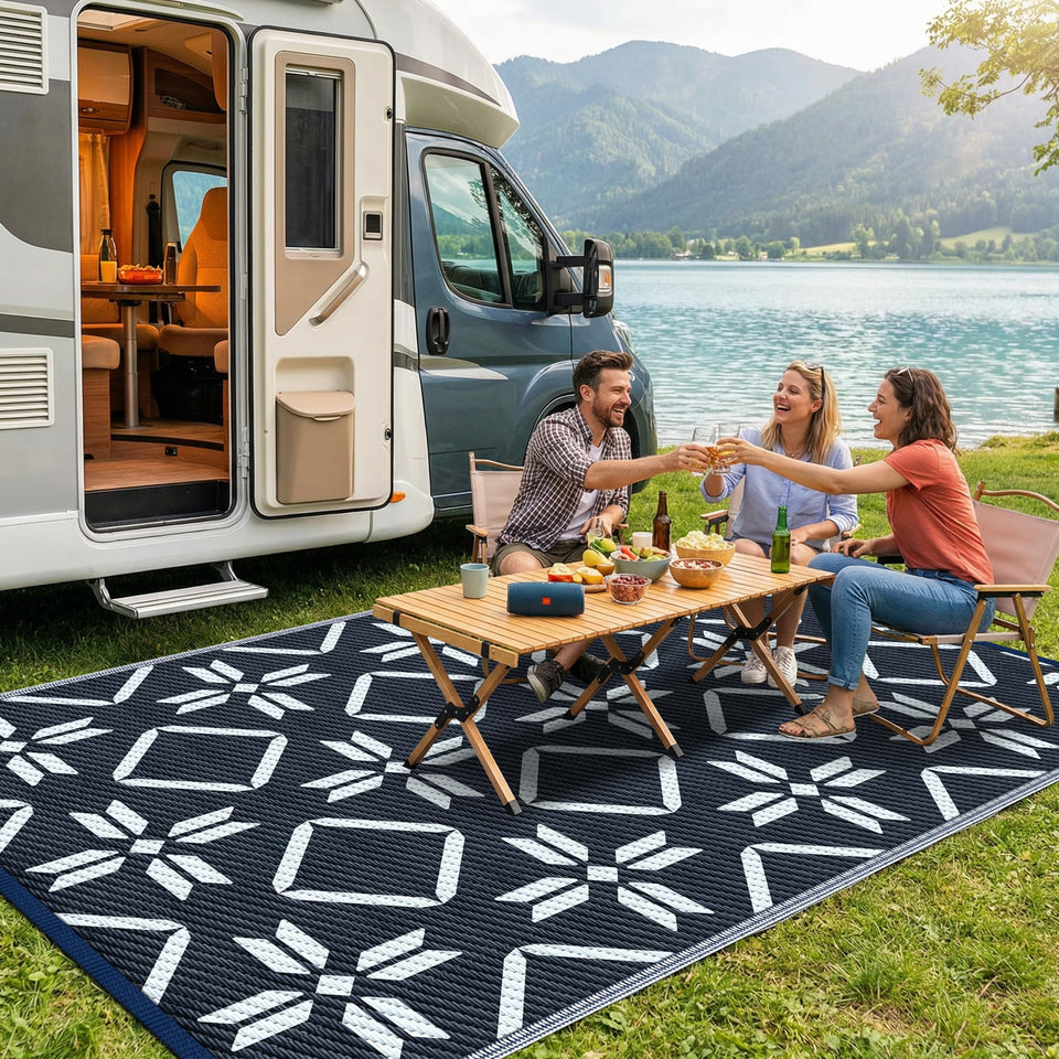 Kohree Outdoor Rug waterproof 9x12 blue for patios and RV setups.