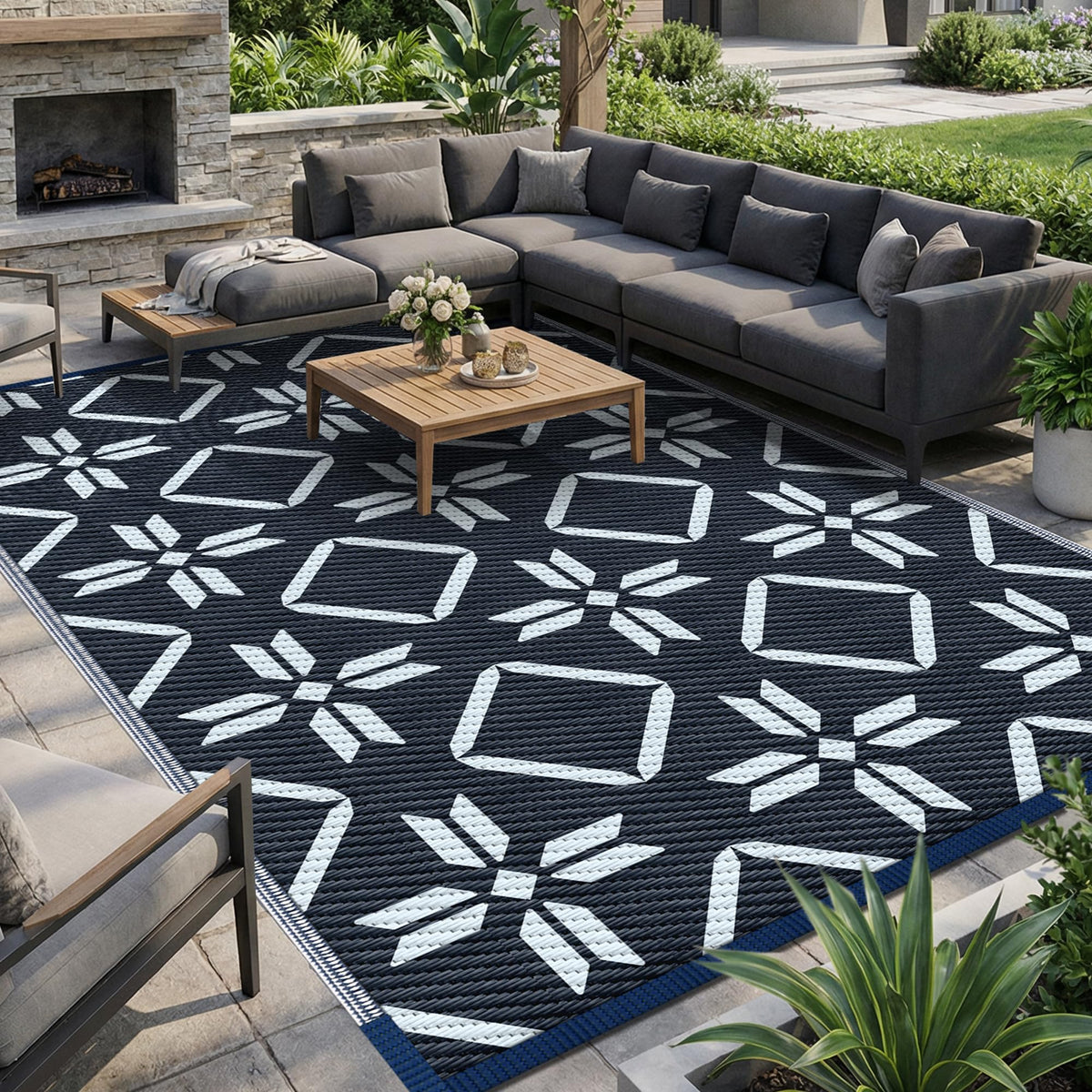 Kohree Patio Rug 9x12 blue protects surfaces during picnics.
