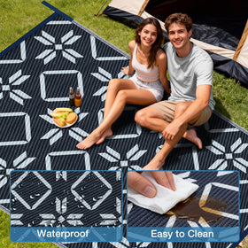 Kohree RV patio mat non-slip blue keeps decks steady on windy days.