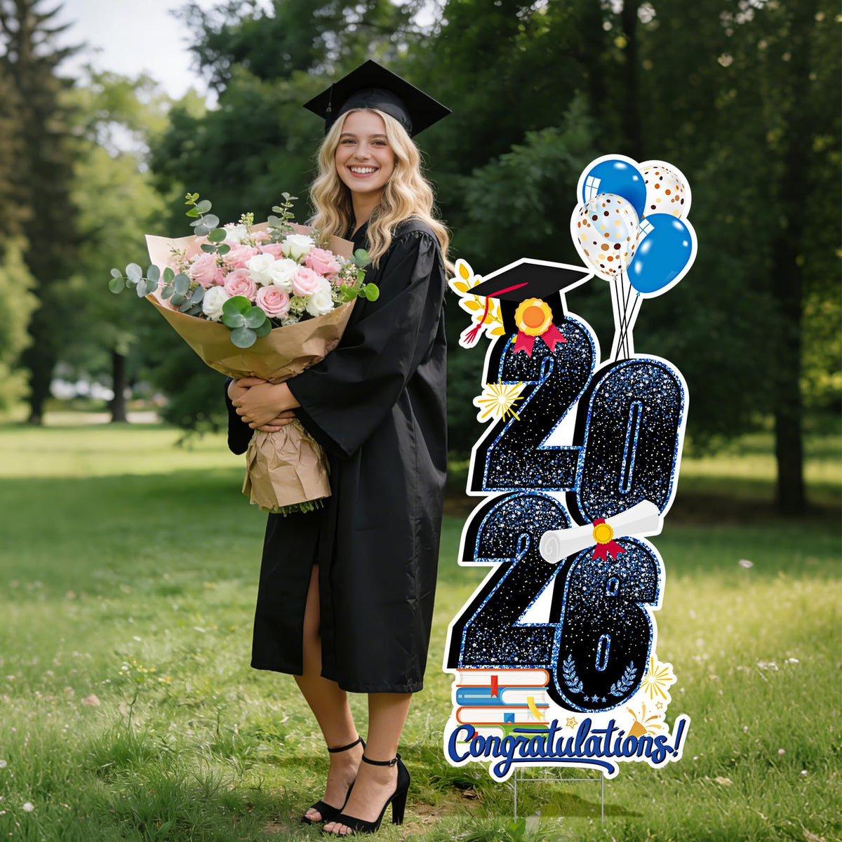 KOITHE yard sign creates a festive graduation backdrop for photos.