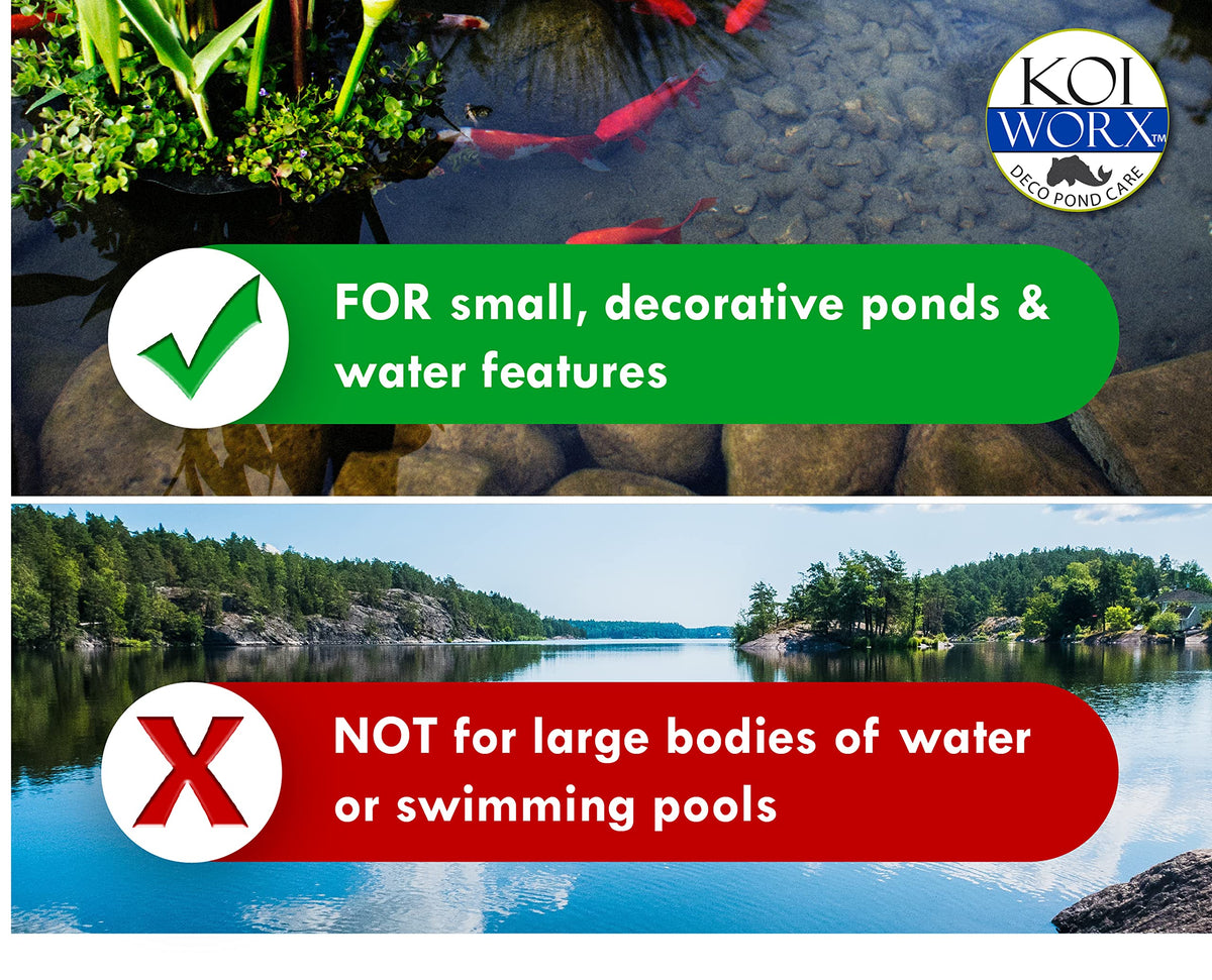 Dosage guide for Koi Worx Defoamer: 2 oz per 300 gallons