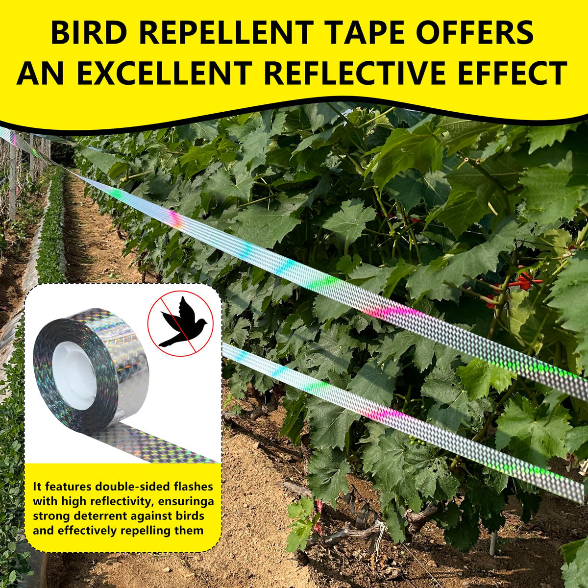 Close-up of KOKMEYA tape's bright colors deterring sparrows in a yard.