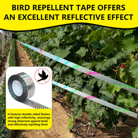 Close-up of KOKMEYA tape's bright colors deterring sparrows in a yard.