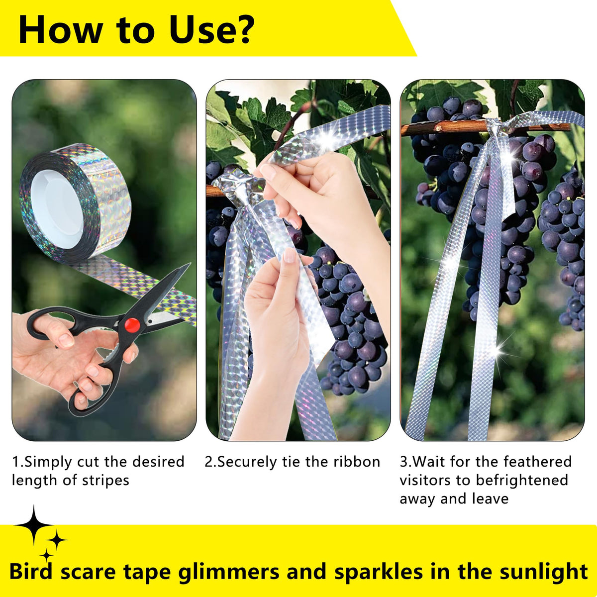 Sunlight reflects off KOKMEYA tape along orchard branches to guide birds away.