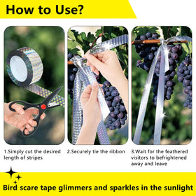 Sunlight reflects off KOKMEYA tape along orchard branches to guide birds away.