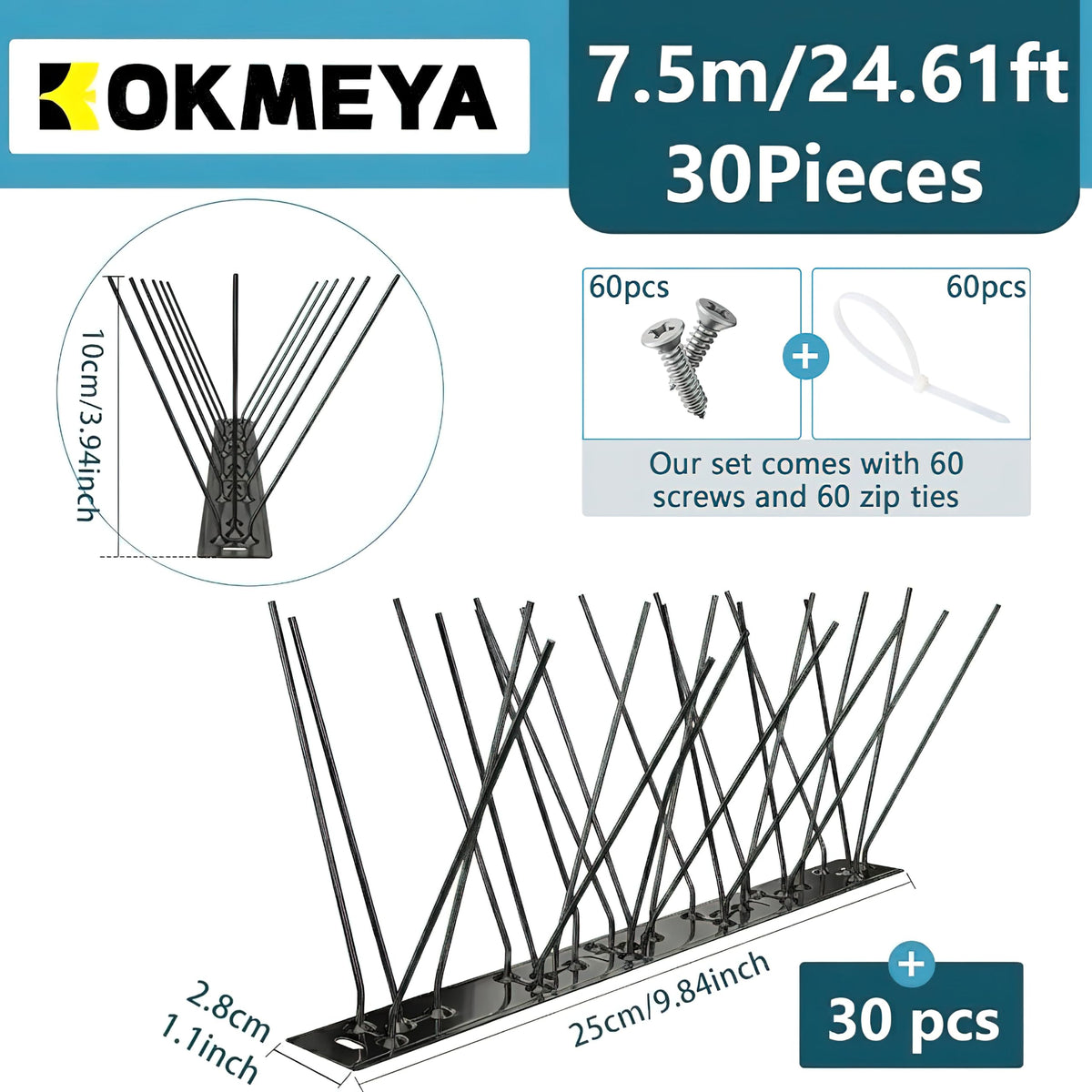 KOKMEYA Bird Spikes 30 pre-assembled sections for quick outdoor installation.