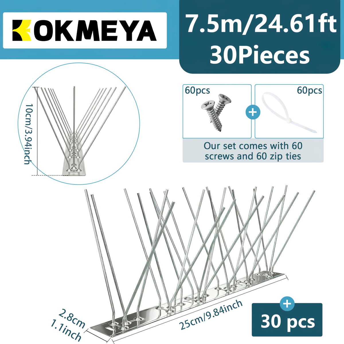 KOKMEYA 304 stainless steel spikes close-up highlighting rust resistance.