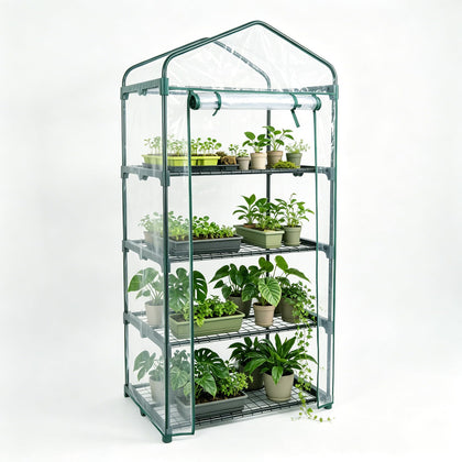 KOL 4-Tier Mini Greenhouse during assembly showing tool-free setup for seed starting