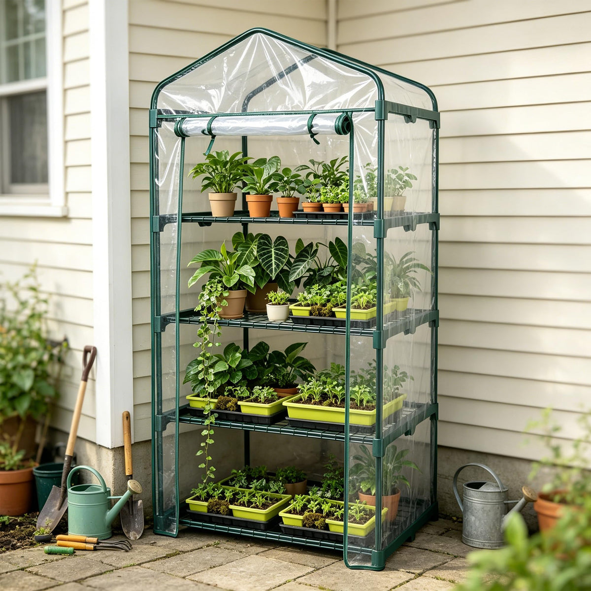 KOL 4-Tier Mini Greenhouse interior rack shows lights ready for seedling growth