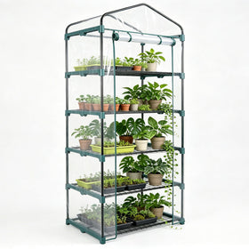 KOL 5-Tier Mini Greenhouse with PVC cover provides clear light for seed starting.