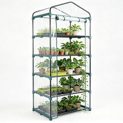 KOL 5-Tier Mini Greenhouse with PVC cover provides clear light for seed starting.