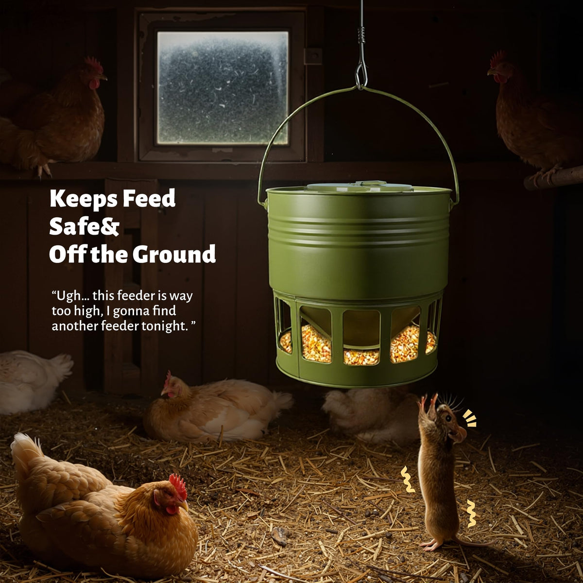 KOL Elevated feeder in coop keeps feed off floor for cleaner surroundings.
