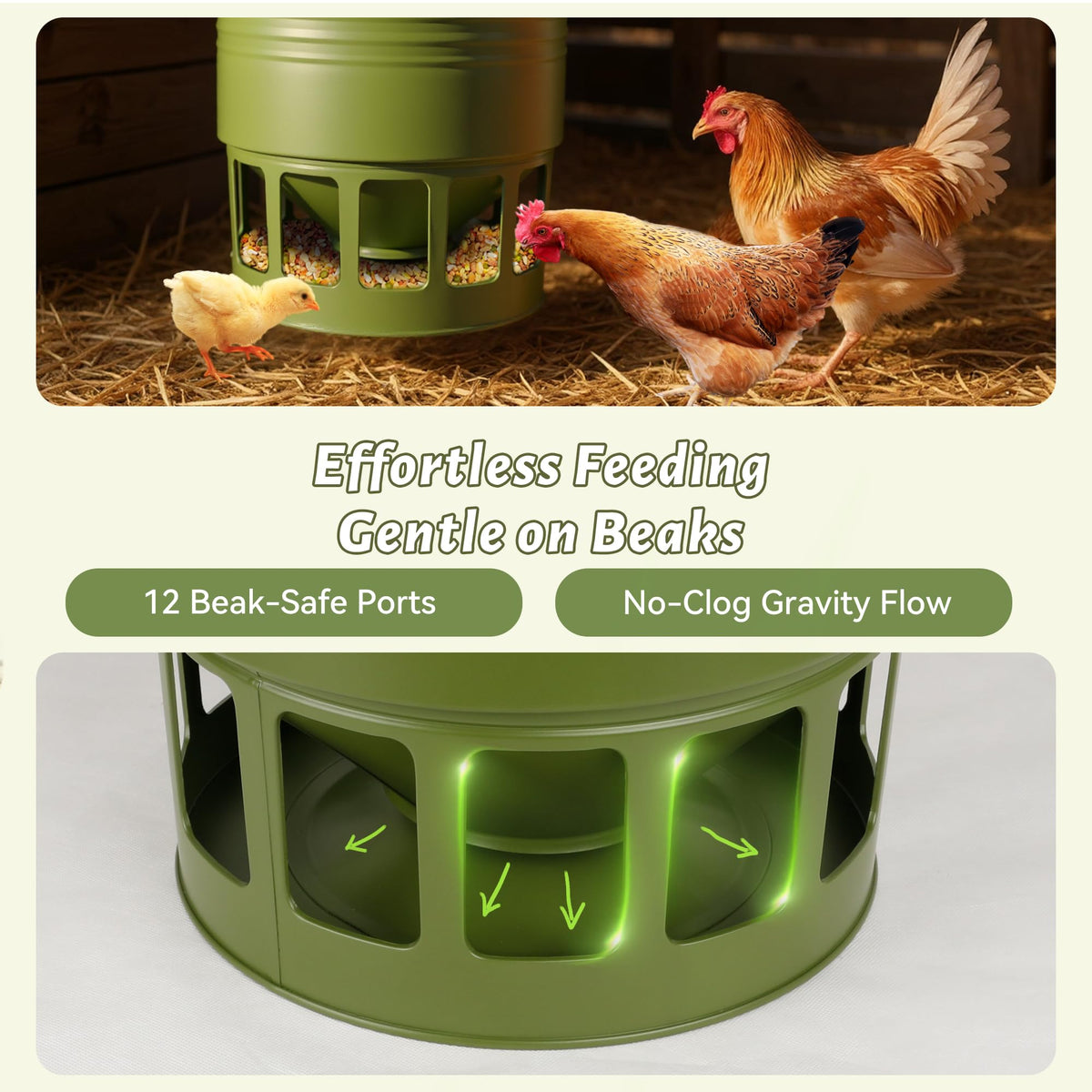 KOL No-waste design feeder mounted for tidy, efficient feed delivery.