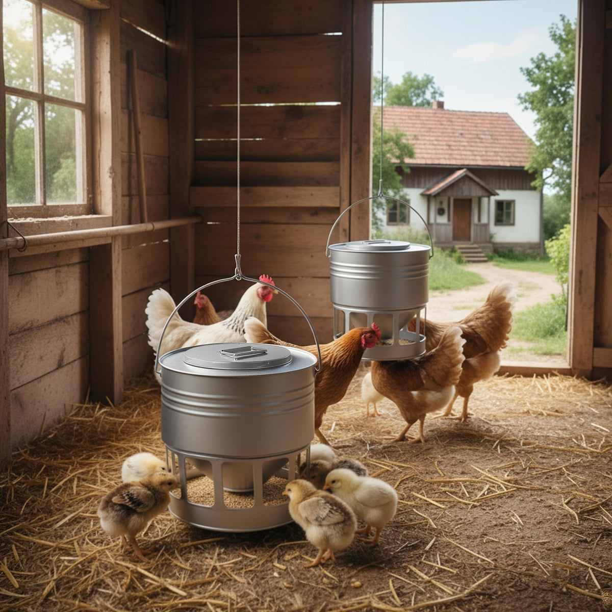 KOL hanging feeder at adjustable height suitable for chicks and adults.